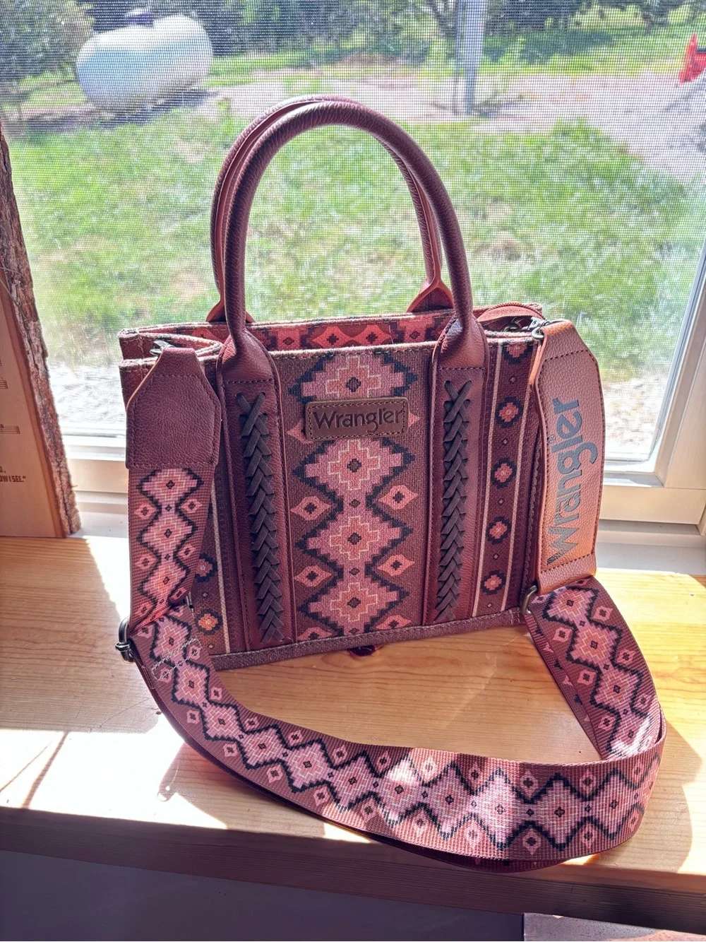 Wrangler Pink & Brown Patterned Satchel with Removable Strap  (with pets)